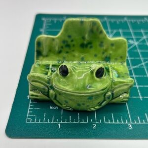 Vintage blue Spotted green frog ceramic slanted card soap dish 3" small 2 sides